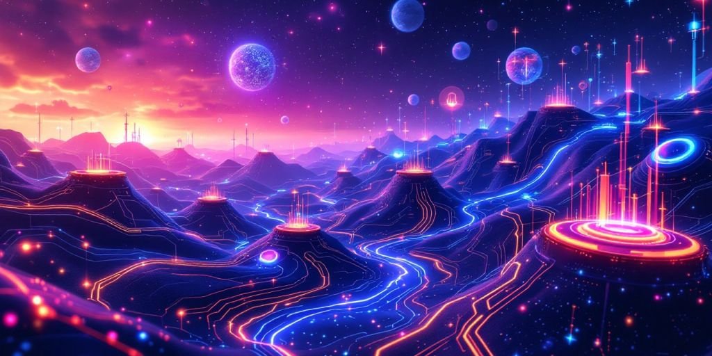 Futuristic AI landscape with glowing circuits and connections.