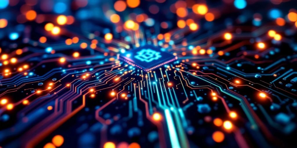 Close-up of a glowing computer circuit board.