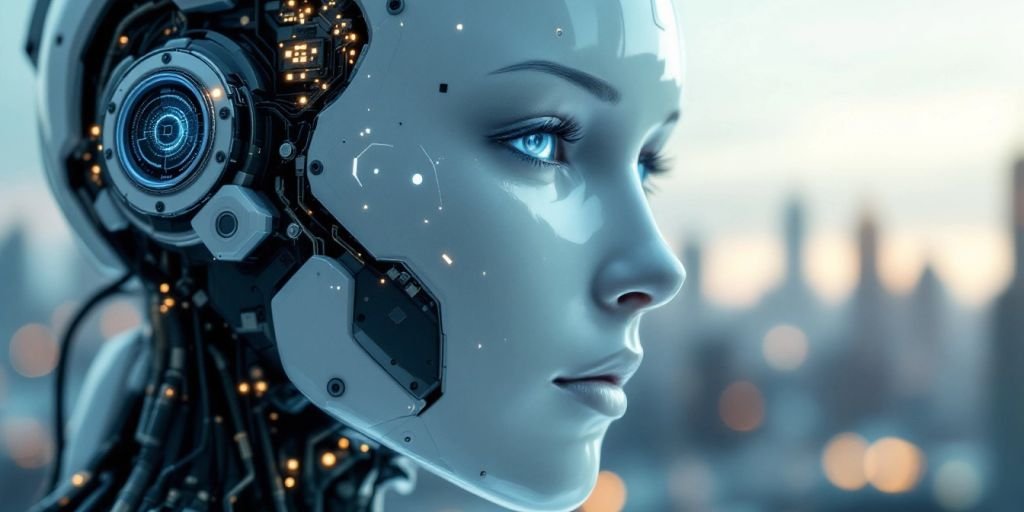 Close-up of a humanoid robot's face with circuitry.