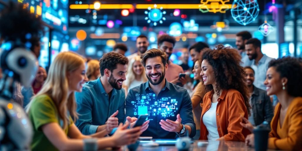 Diverse people engaging with AI technologies in a modern setting.