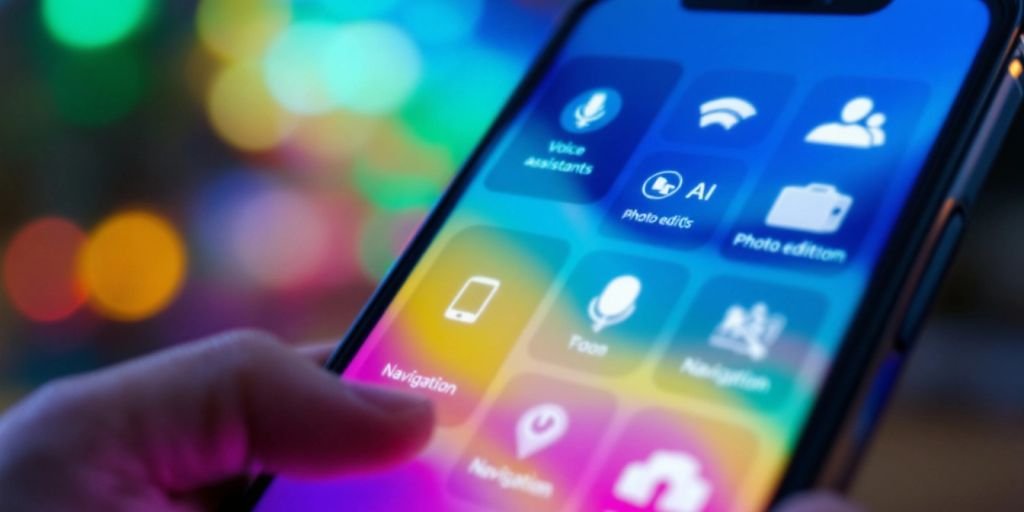 Smartphone with AI applications on screen, modern design.
