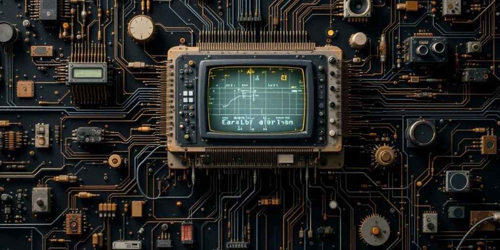 Vintage computer with early AI components and circuit boards.