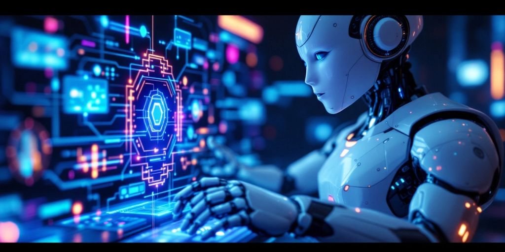Humanoid robot with digital interface and glowing circuits.