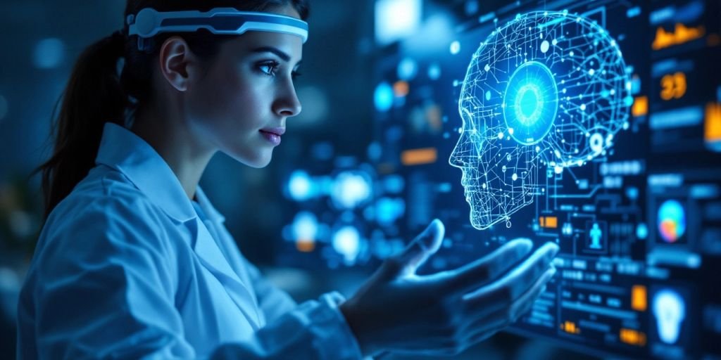 Healthcare professional using AI technology in a clinic.