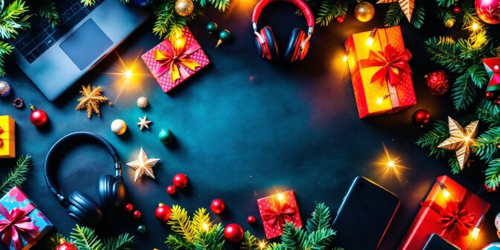 Colorful tech gadgets with holiday decorations for Black Friday.