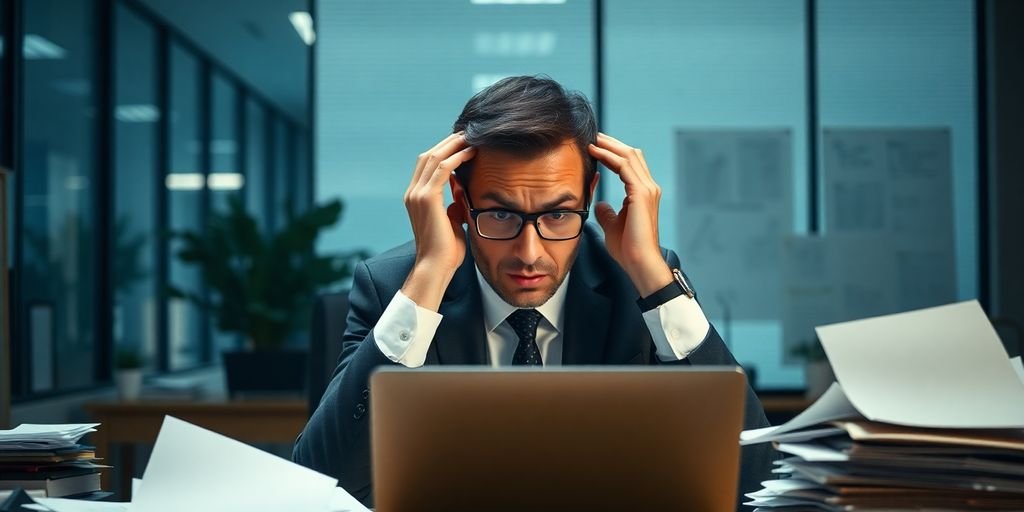 Stressed executive in a cluttered office environment.