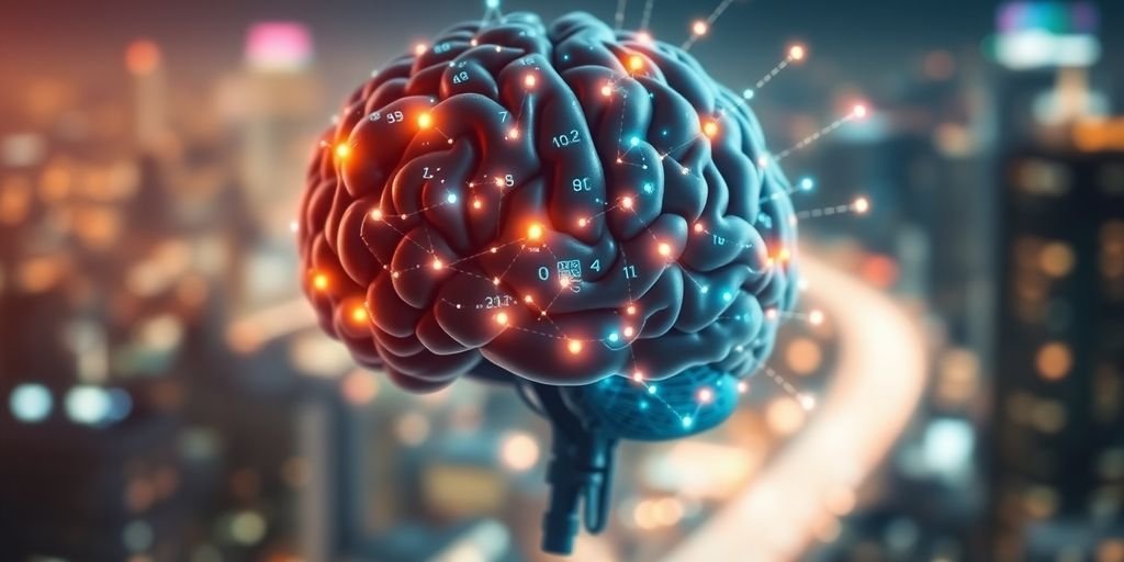 Futuristic AI brain with digital elements and city background.