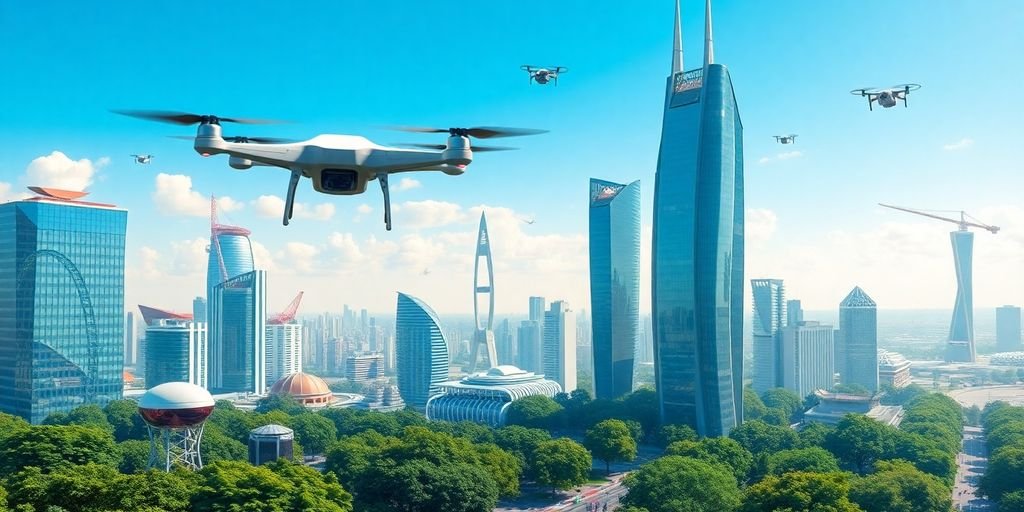 Futuristic city with drones and advanced technology.