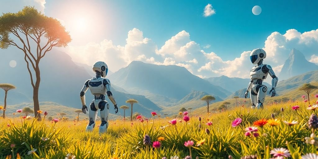 Futuristic landscape with robots interacting with nature.