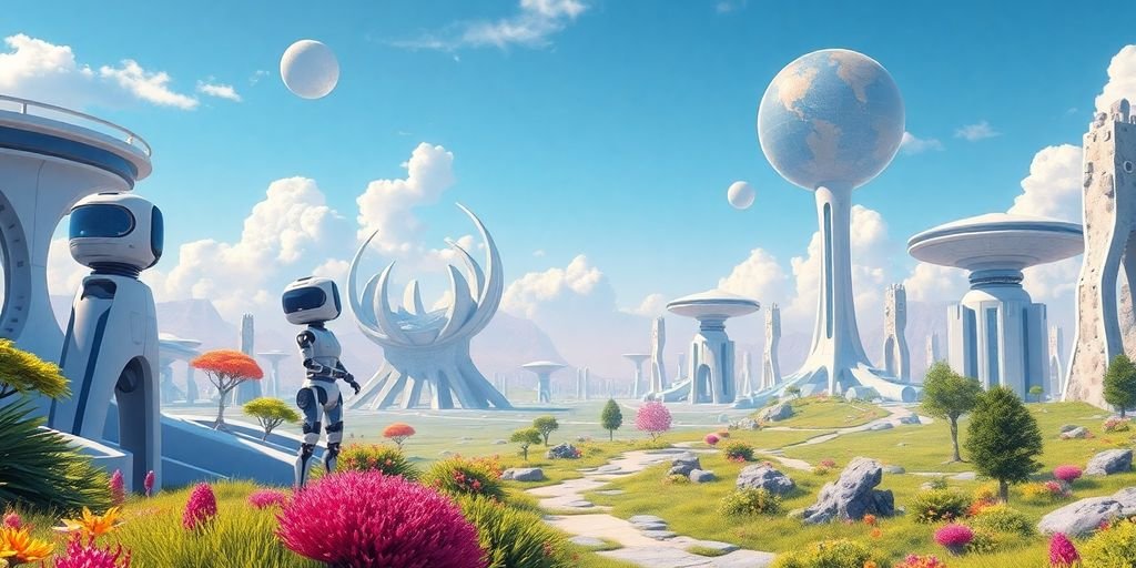Futuristic landscape with advanced robots and innovative technology.