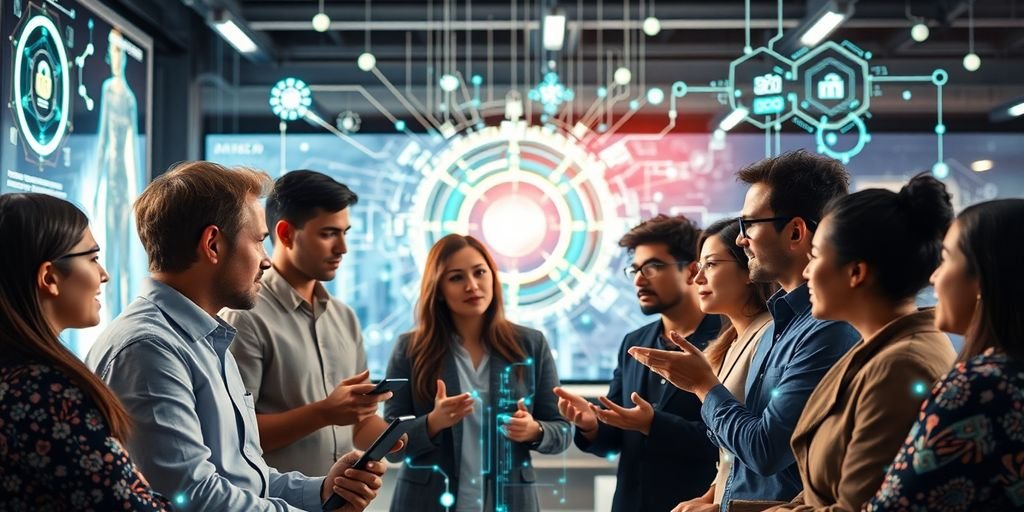 Group discussing AI ethics in a modern setting.